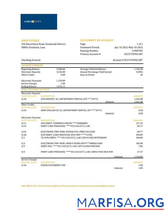Downloadable Laos LCNB bank statement excel sample